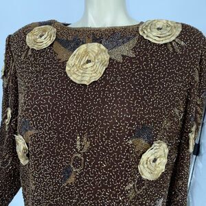 Vintage Joan Leslie Studio Silk Beaded Floral Top Saks Fifth Avenue 2X Brown Gol